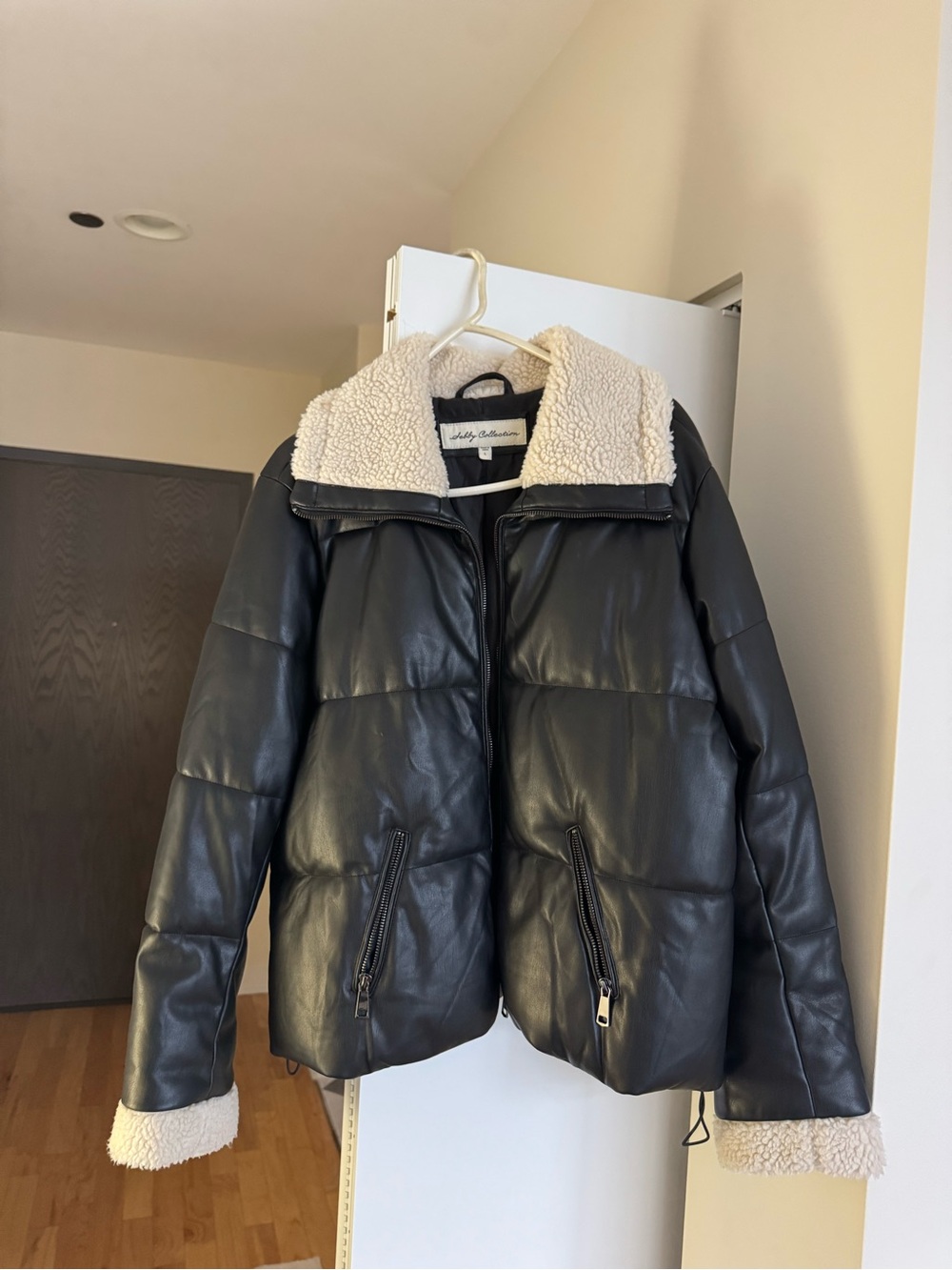 Black Faux Leather Puffer Jacket with Cream Sherpa Collar